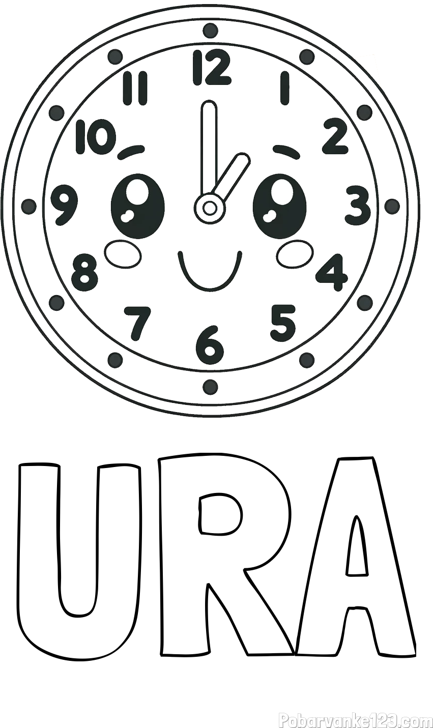 Pobarvanka imena URA in otroška pobarvanka nasmejane ure