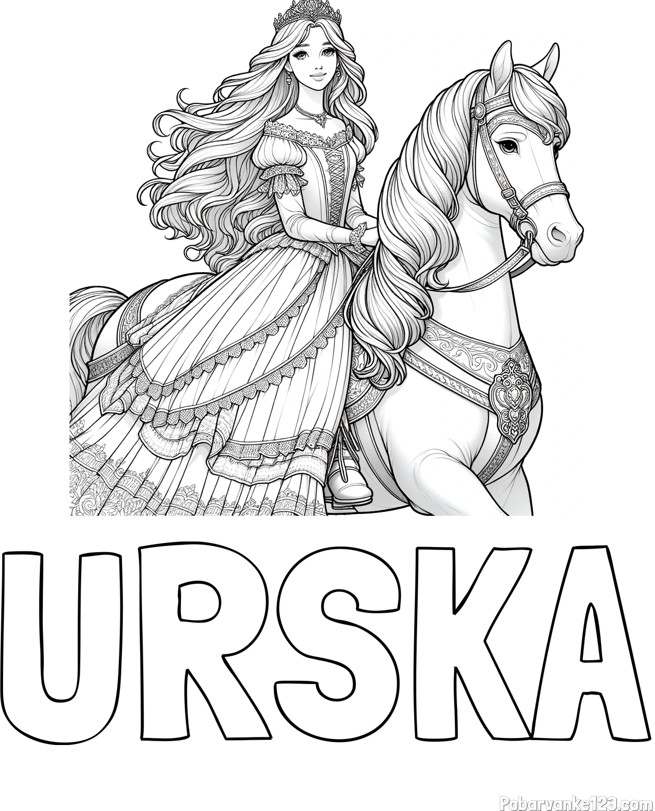 Pobarvanka imena URSKA in pobarvanka nasmejana princese na konju