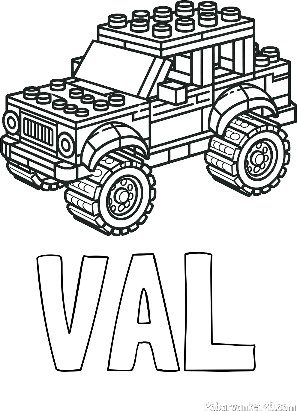 Pobarvanka imena VAL in pobarvanka džipa sestavljenega iz LEGO kock