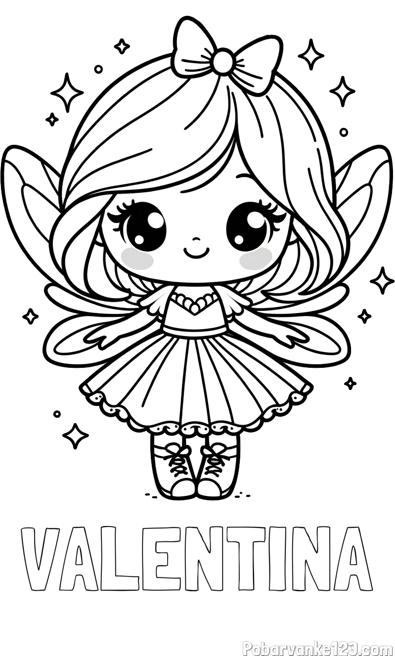Pobarvanka imena VALENTINA in pobarvanka čarobne vile z ljubkim obrazom