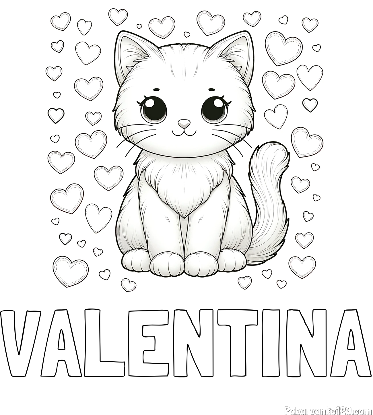 Pobarvanka imena VALENTINA in pobarvanka ljubke mucke obdane s srčki