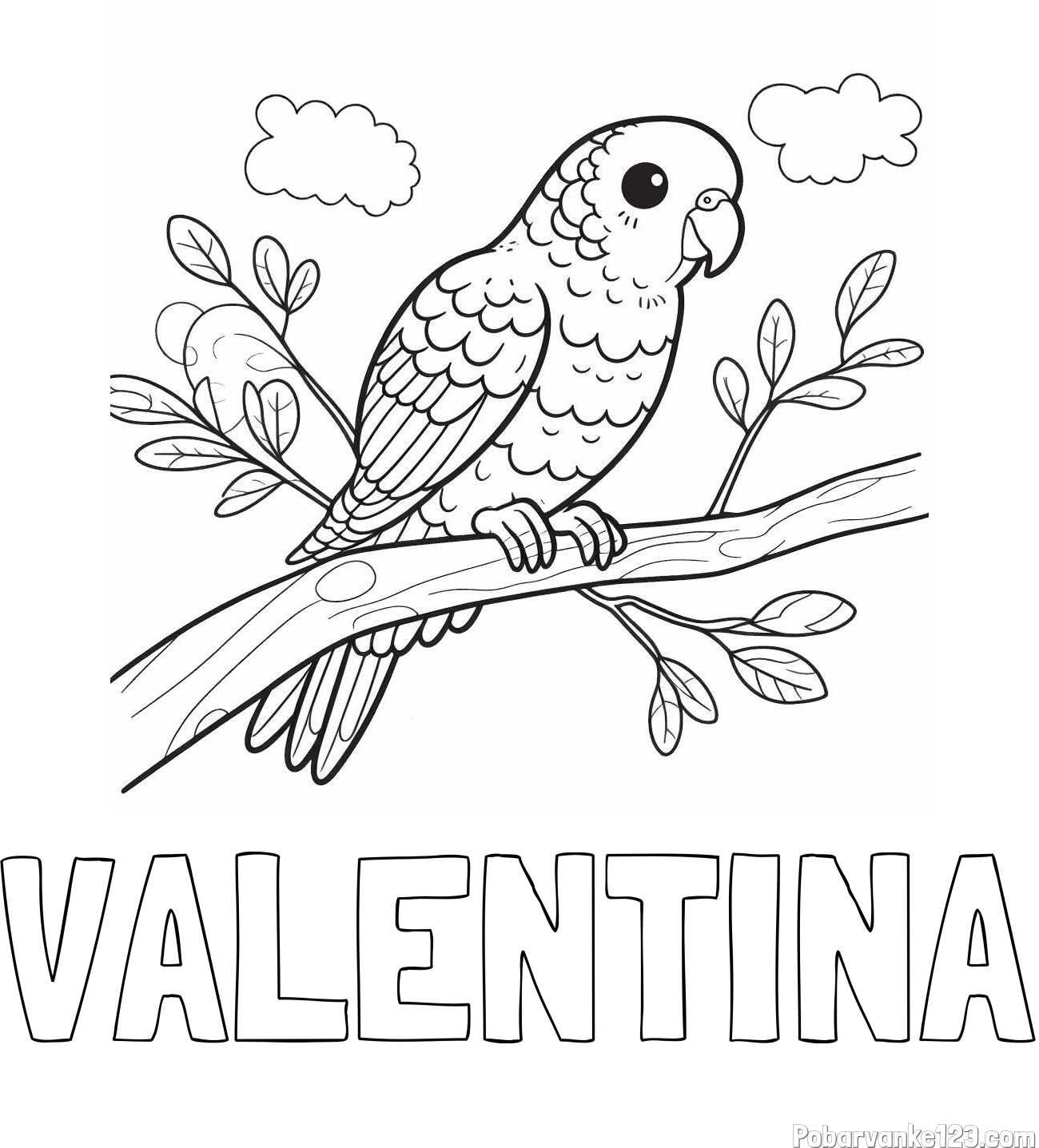 Pobarvanka imena VALENTINA in pobarvanka ljubkega kanarčka na veji