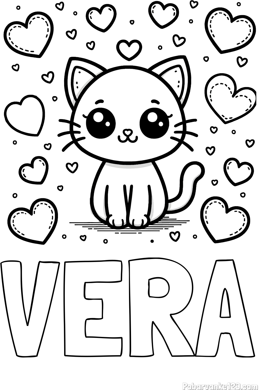 Pobarvanka imena VERA in pobarvanka ljubke mucke obdane z veliko srčki