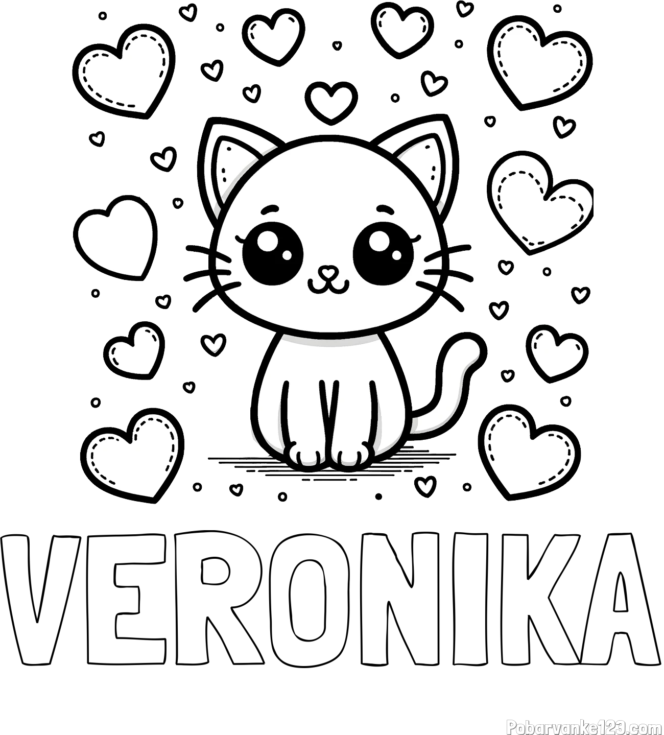 Pobarvanka imena VERONIKA in pobarvanka ljubke mucke obdane z veliko srčki