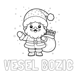 Pobarvanka imena VESEL BOŽIČ in pobarvanka Božička s polno vrečo daril