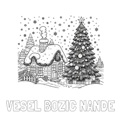 Online izdelana pobarvanka - Pobarvanka imena VESEL BOŽIČ NANDE in pobarvanka zasnežene hiške na božično noč