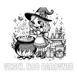 Online izdelana pobarvanka - Pobarvanka imena VESEL NOČ ČAROVNIC in pobarvanka prikupna čarovnica, ki pripravlja čarobni napoj
