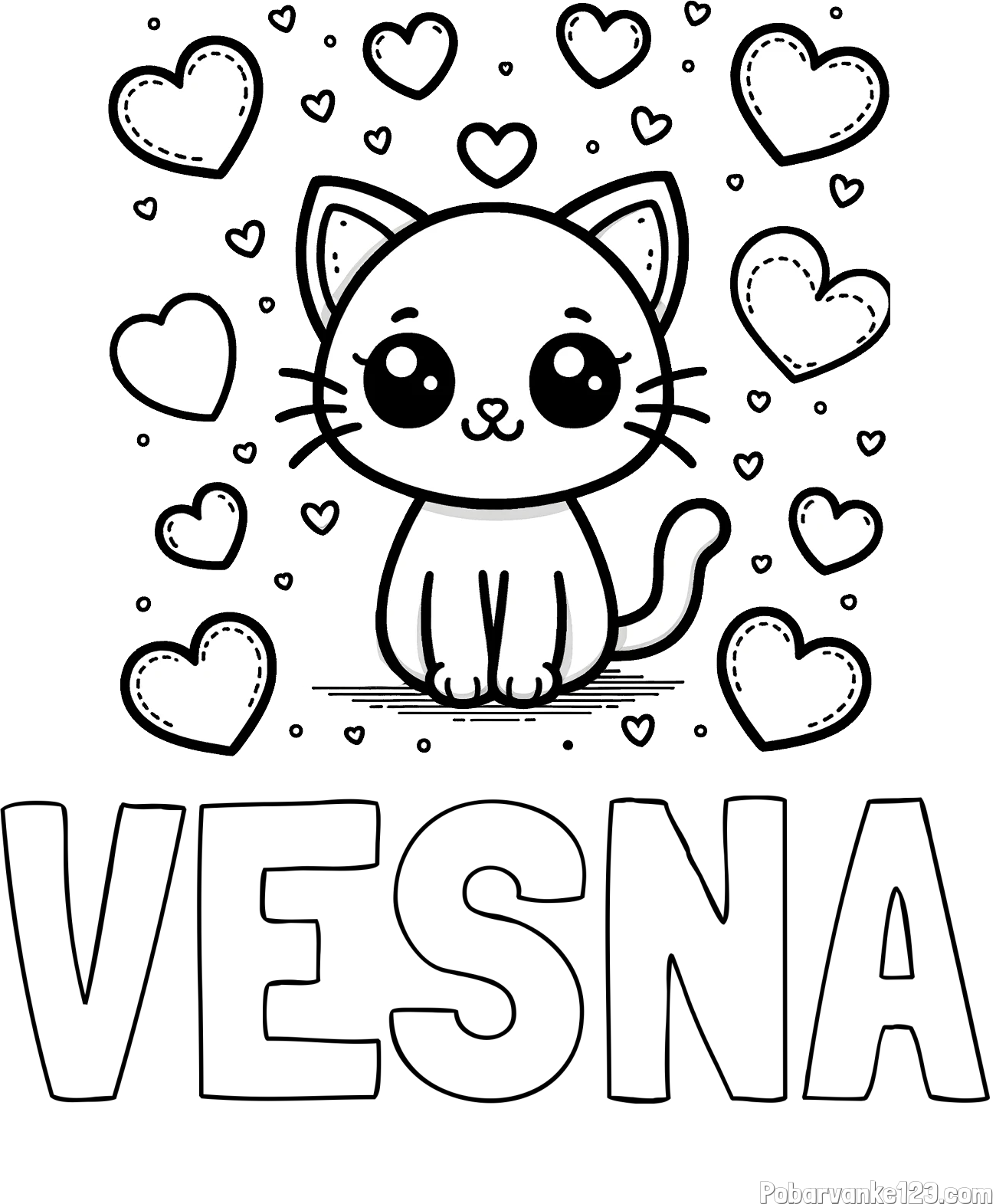 Pobarvanka imena VESNA in pobarvanka ljubke mucke obdane z veliko srčki