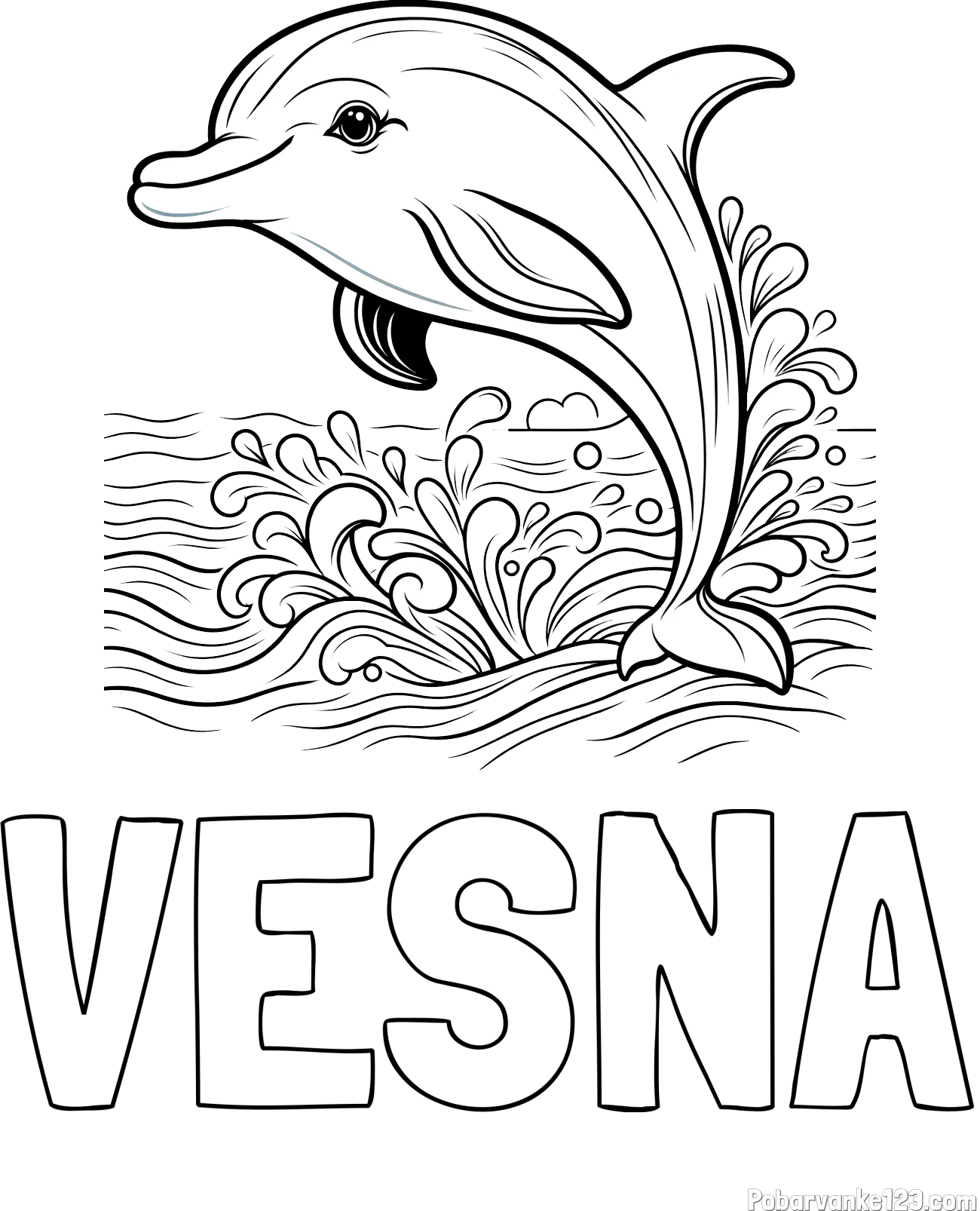 Pobarvanka imena VESNA in pobarvanka ljubkega delfina