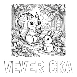Online izdelana pobarvanka - Pobarvanka imena VEVERIČKA in pobarvanka veveričke in zajčka v gozdu
