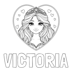 Online izdelana pobarvanka - Pobarvanka imena VICTORIA in pobarvanka princeske ter srčkov