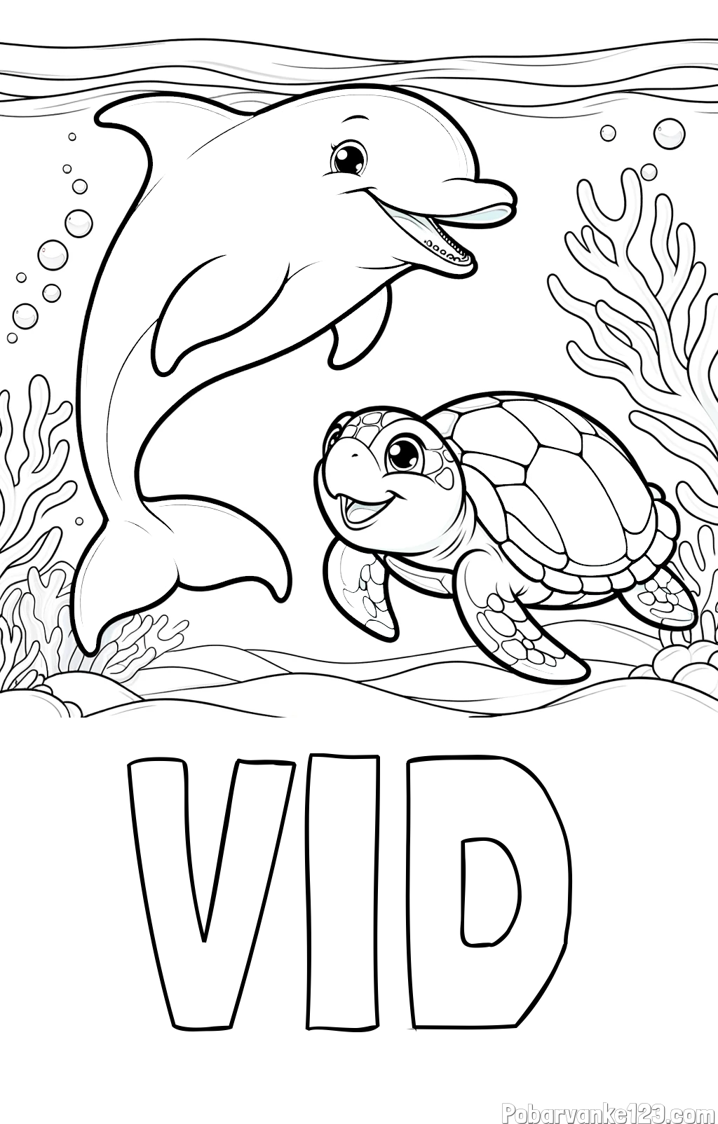 Pobarvanka imena VID in pobarvanka ljubkega delfina z želvo v morju