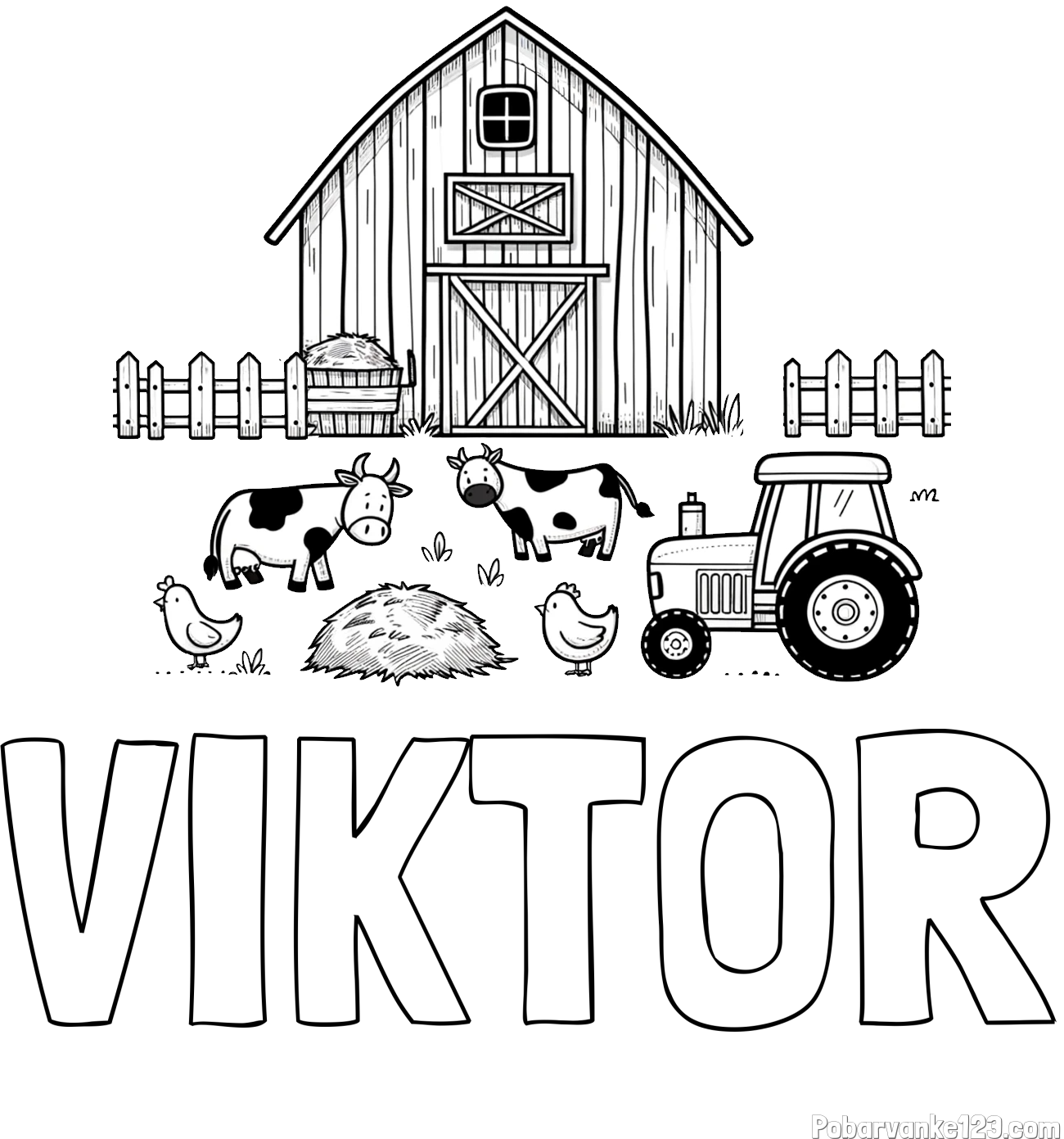 Pobarvanka imena VIKTOR in otroška pobarvanka velikega senika, krav in traktorja