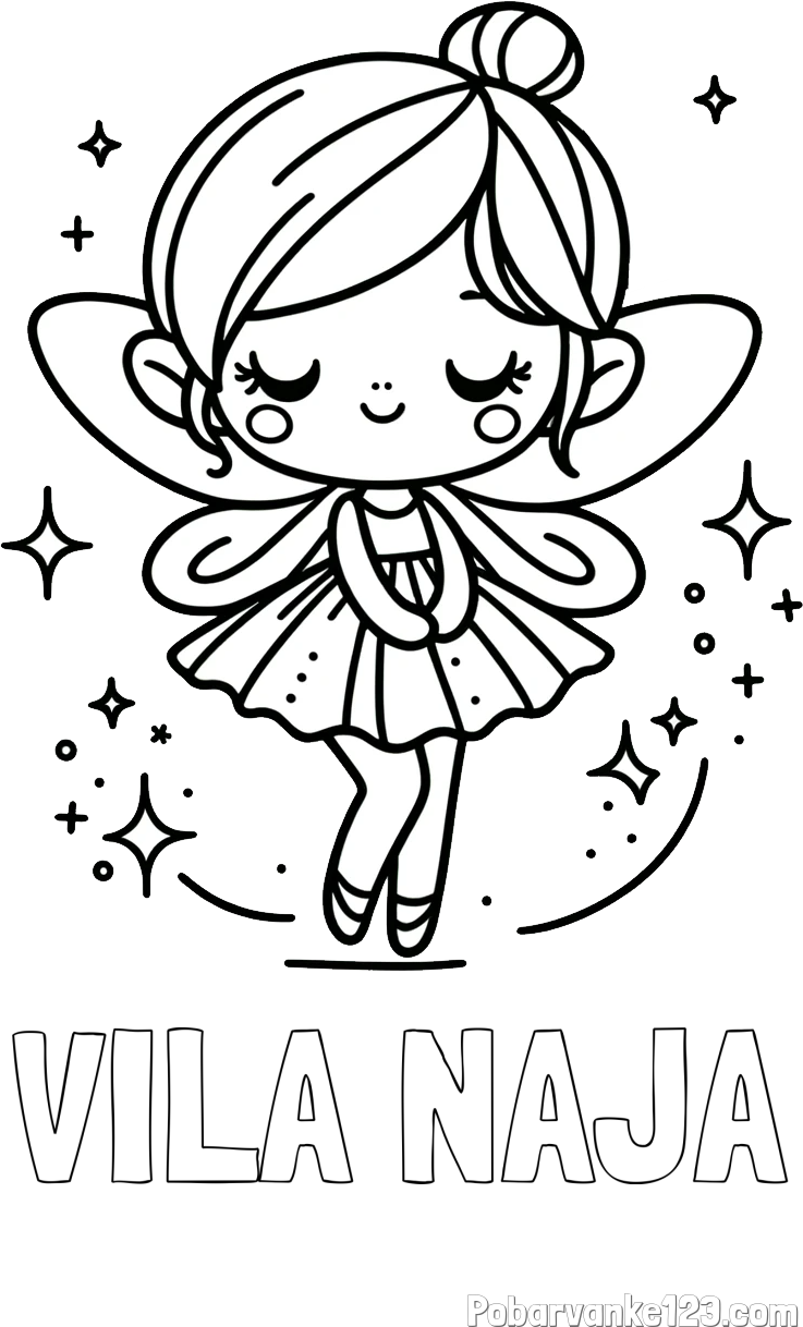 Pobarvanka imena VILA NAJA in otroška pobarvanka čarobne vile