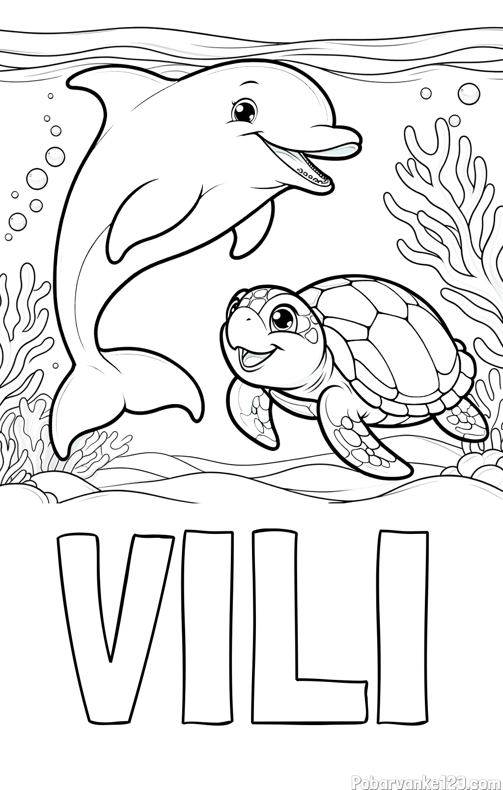 Pobarvanka imena VILI in pobarvanka ljubkega delfina z želvo v morju
