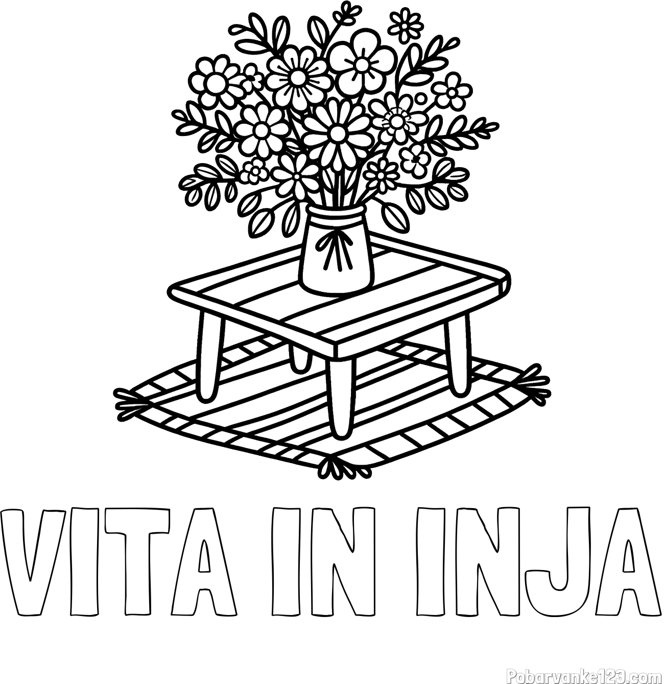 Pobarvanka imena VITA IN INJA in pobarvanka šopka rož na mizi