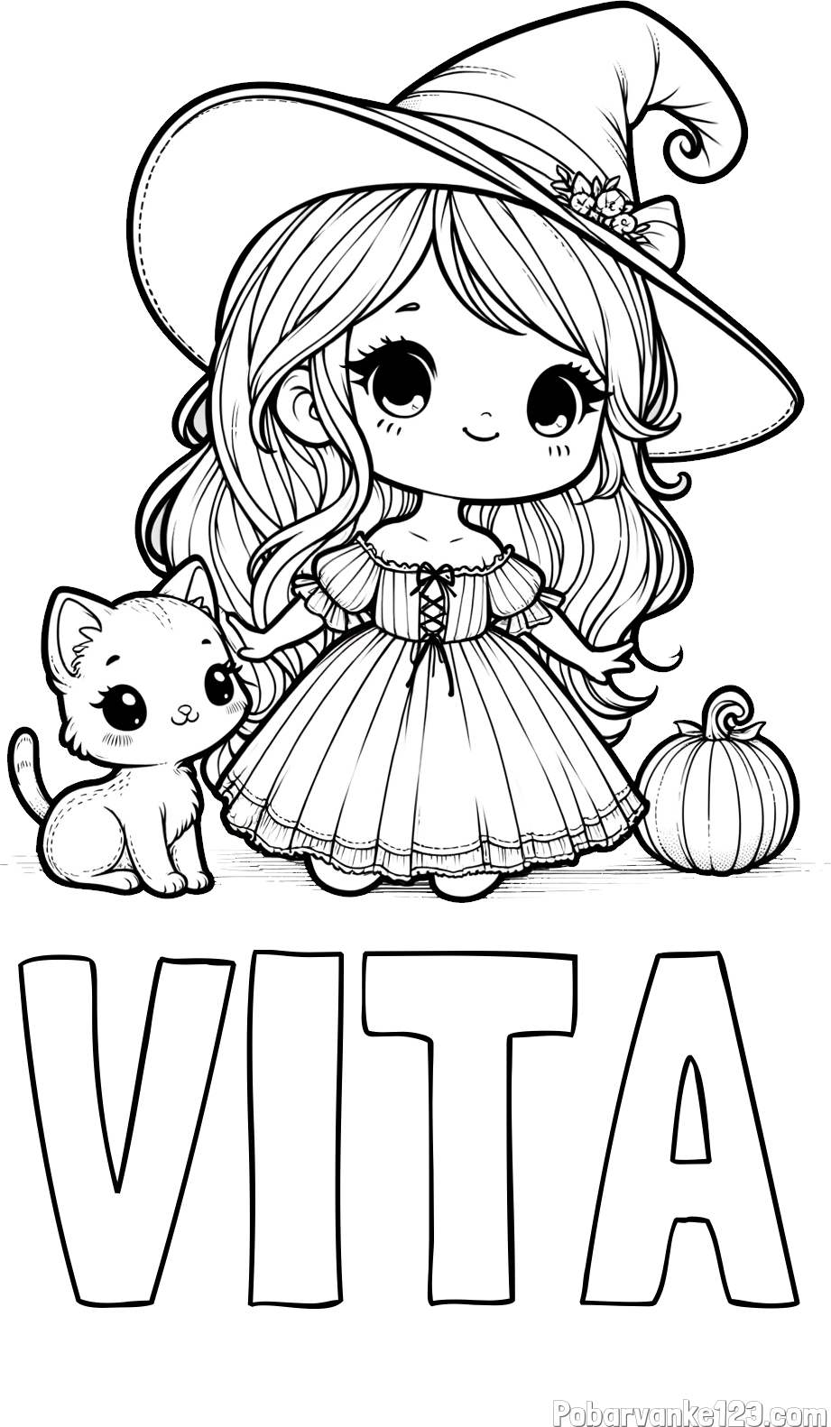 Pobarvanka imena VITA in pobarvanka ljubke čarovnice, muce in buče