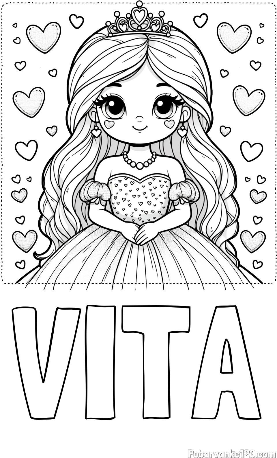 Pobarvanka imena VITA in pobarvanka ljubke princese obdane s srčki