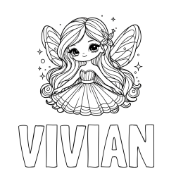 Online izdelana pobarvanka - Pobarvanka imena VIVIAN in pobarvanka ljubke in nasmejane čarobne vile