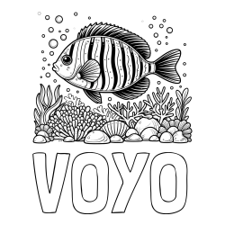Online izdelana pobarvanka - Pobarvanka imena VOYO in pobarvanka ribe v morju med koralami