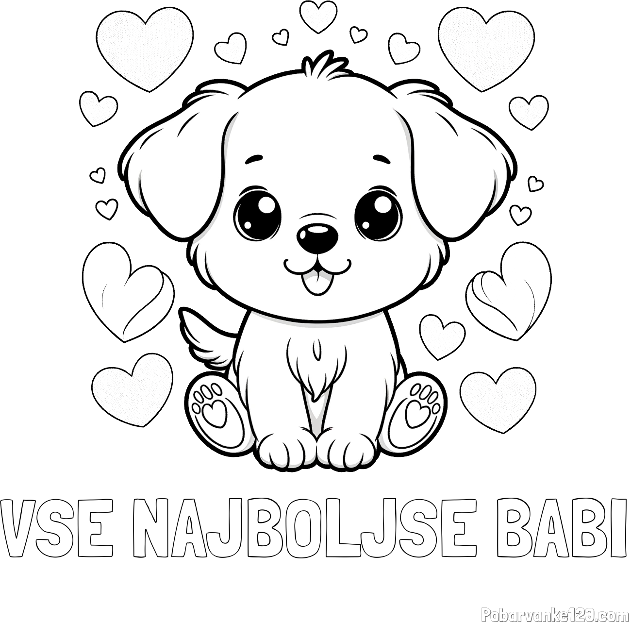 Pobarvanka imena VSE NAJBOLJŠE BABI in pobarvanka ljubkega kužka obdanega s srčki