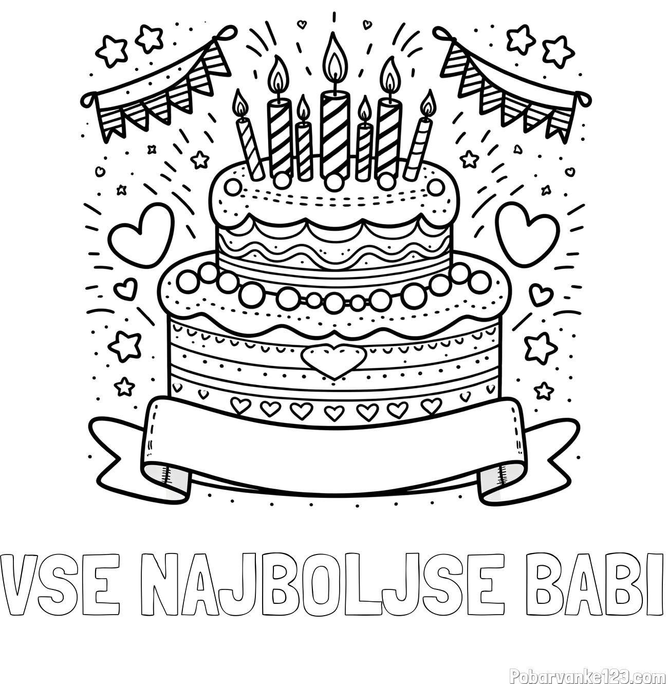 Pobarvanka imena VSE NAJBOLJŠE BABI in pobarvanka velike torte za rojstni dan