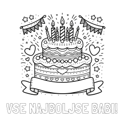 Online izdelana pobarvanka - Pobarvanka imena VSE NAJBOLJŠE BABI! in pobarvanka velike torte za rojstni dan