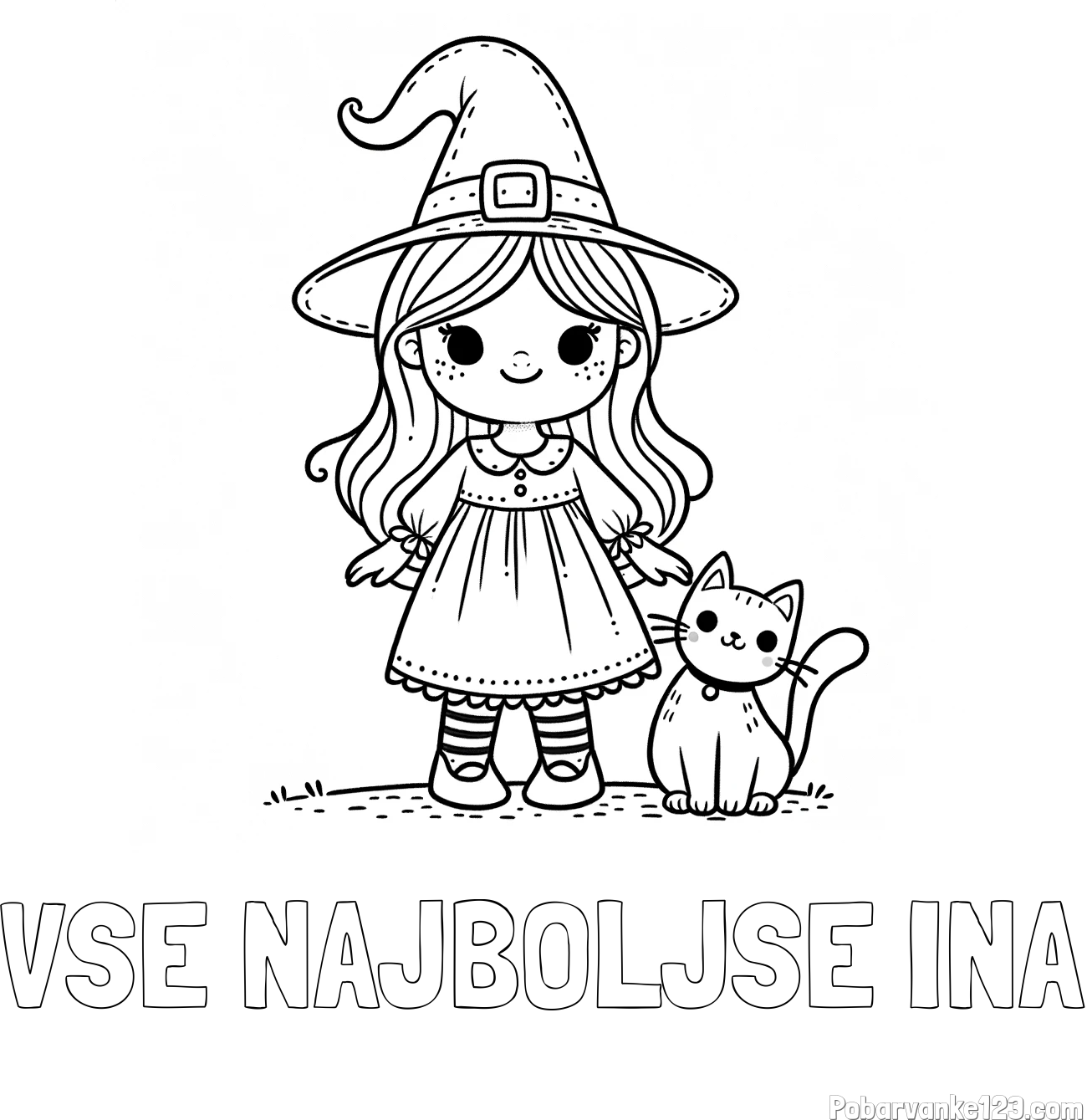 Pobarvanka imena VSE NAJBOLJŠE INA in Čudovita pobarvanka ljubke čarovnice in nasmejane mačke