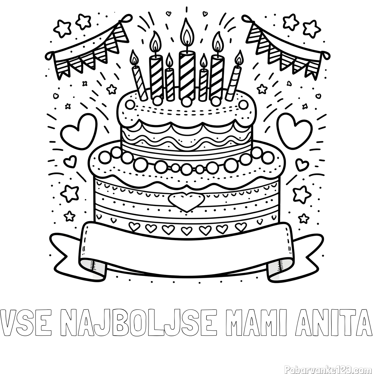 Pobarvanka imena VSE NAJBOLJSE MAMI ANITA in pobarvanka velike torte za rojstni dan