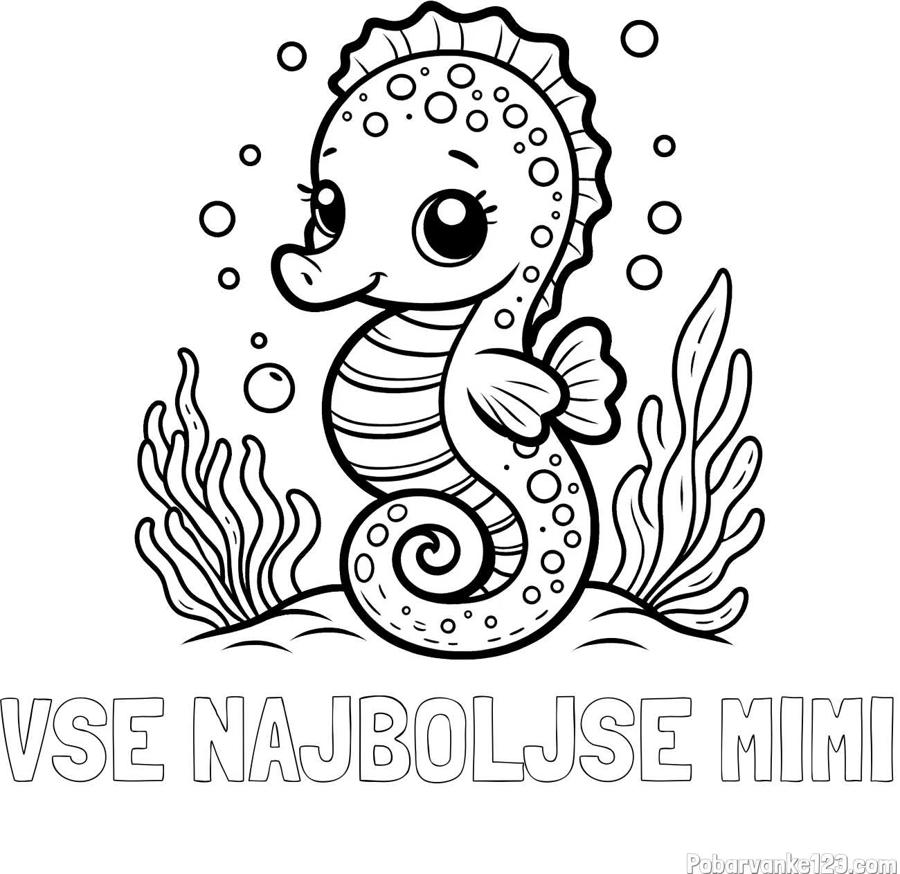 Pobarvanka imena VSE NAJBOLJŠE MIMI in pobarvanka morskega konjička