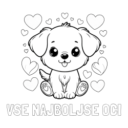 Online izdelana pobarvanka - Pobarvanka imena VSE NAJBOLJŠE OČI in pobarvanka ljubkega kužka obdanega s srčki