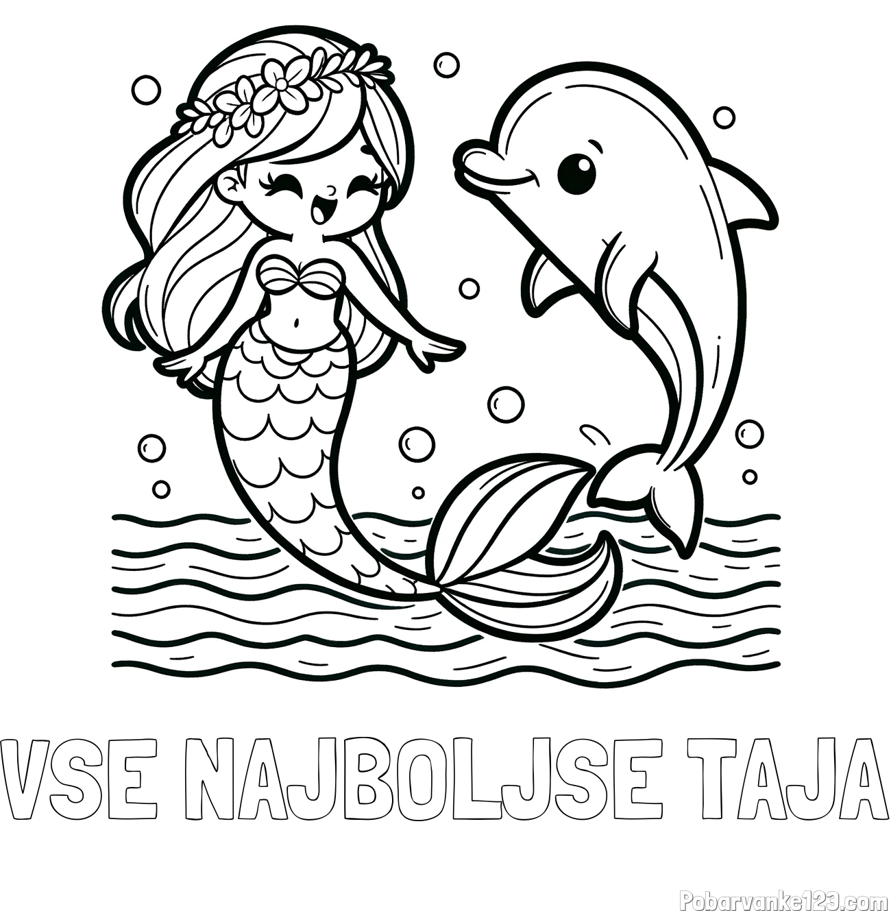 Pobarvanka imena VSE NAJBOLJŠE TAJA in pobarvanka ljubke morske deklice, ki pleše z delfinom