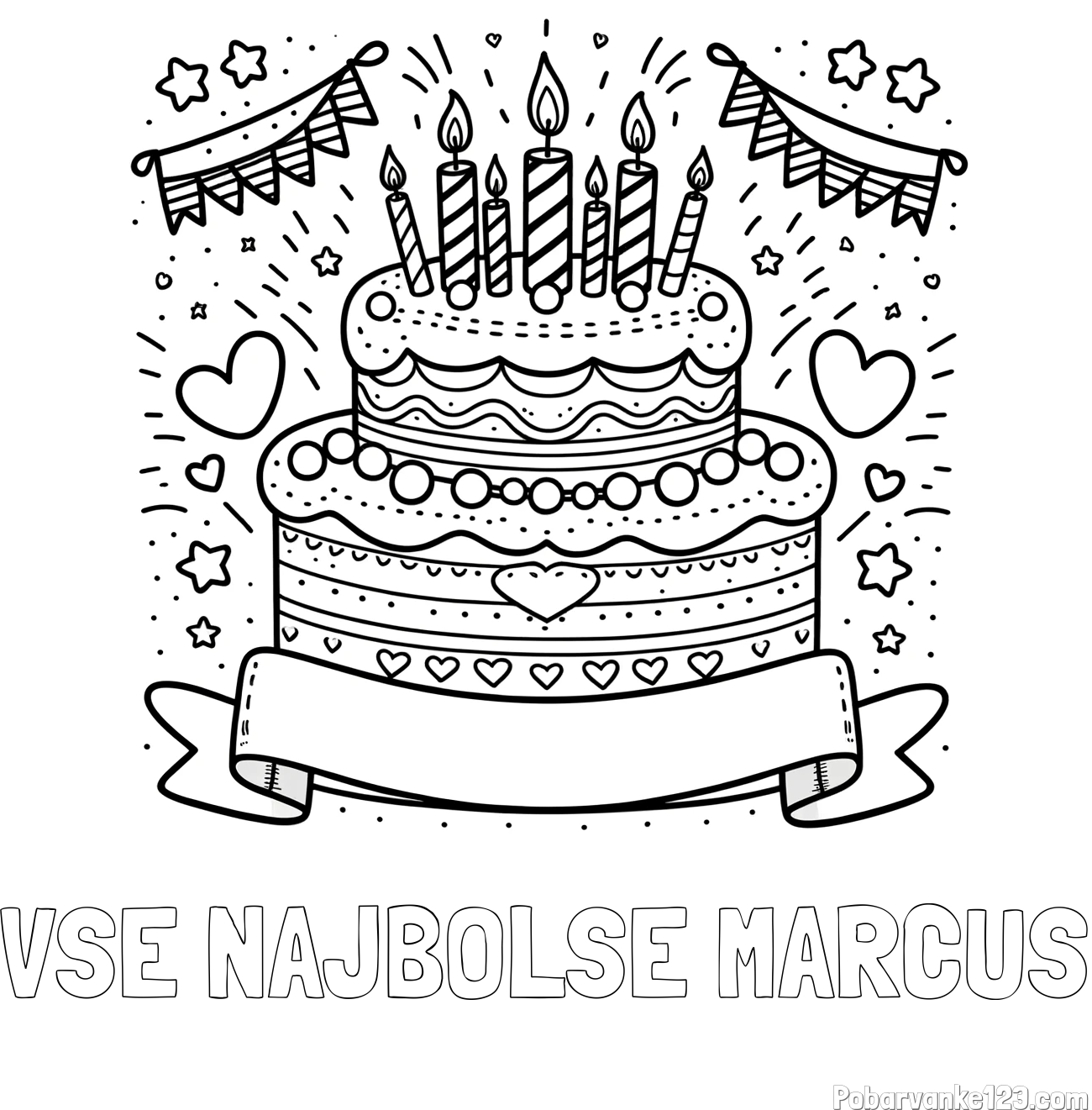 Pobarvanka imena VSE NAJBOLŠE MARCUS in pobarvanka velike torte za rojstni dan