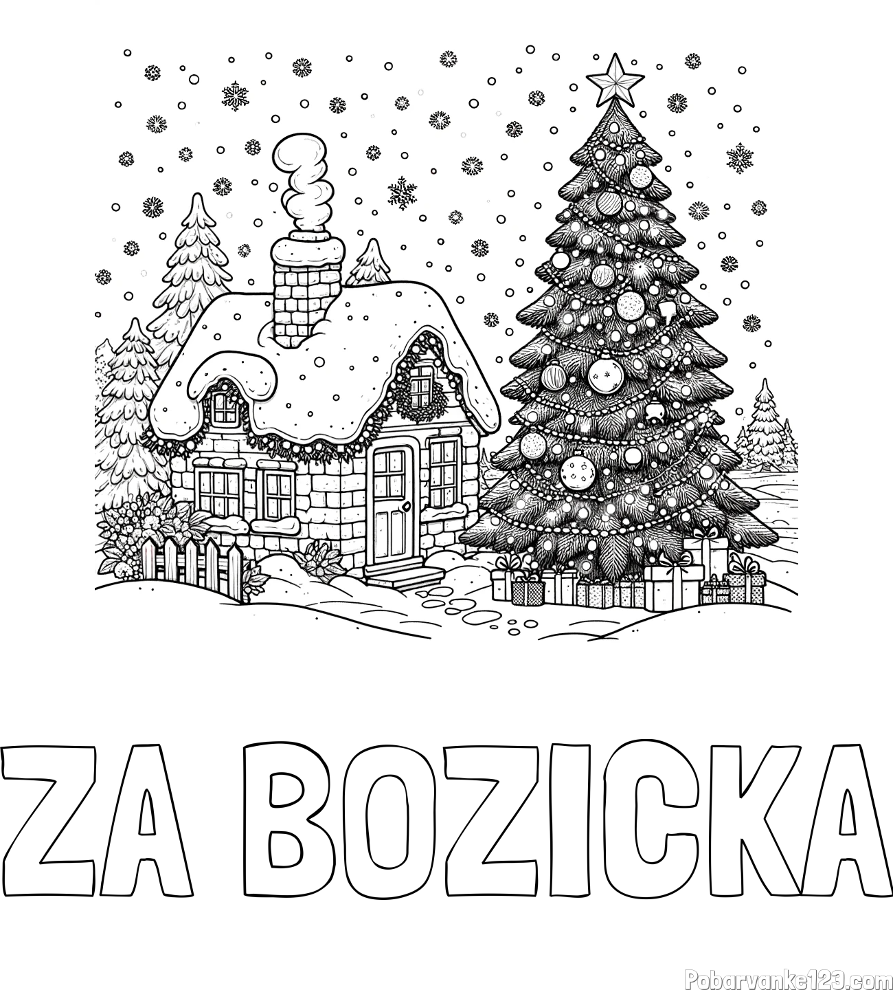 Pobarvanka imena ZA BOŽIČKA in pobarvanka zasnežene hiške na božično noč