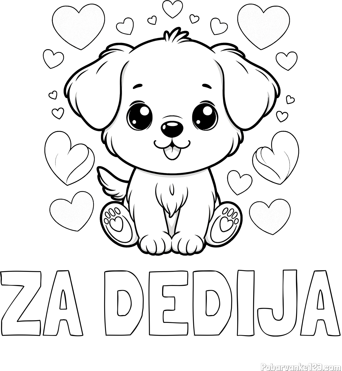 Pobarvanka imena ZA DEDIJA in pobarvanka ljubkega kužka obdanega s srčki
