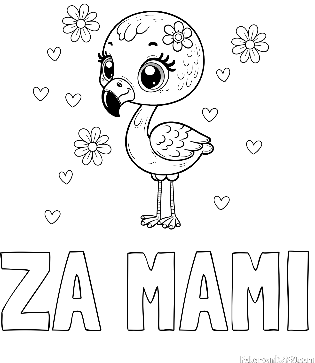 Pobarvanka imena ŽA MAMI in pobarvanka mladička flaminga z rožicami in srčki