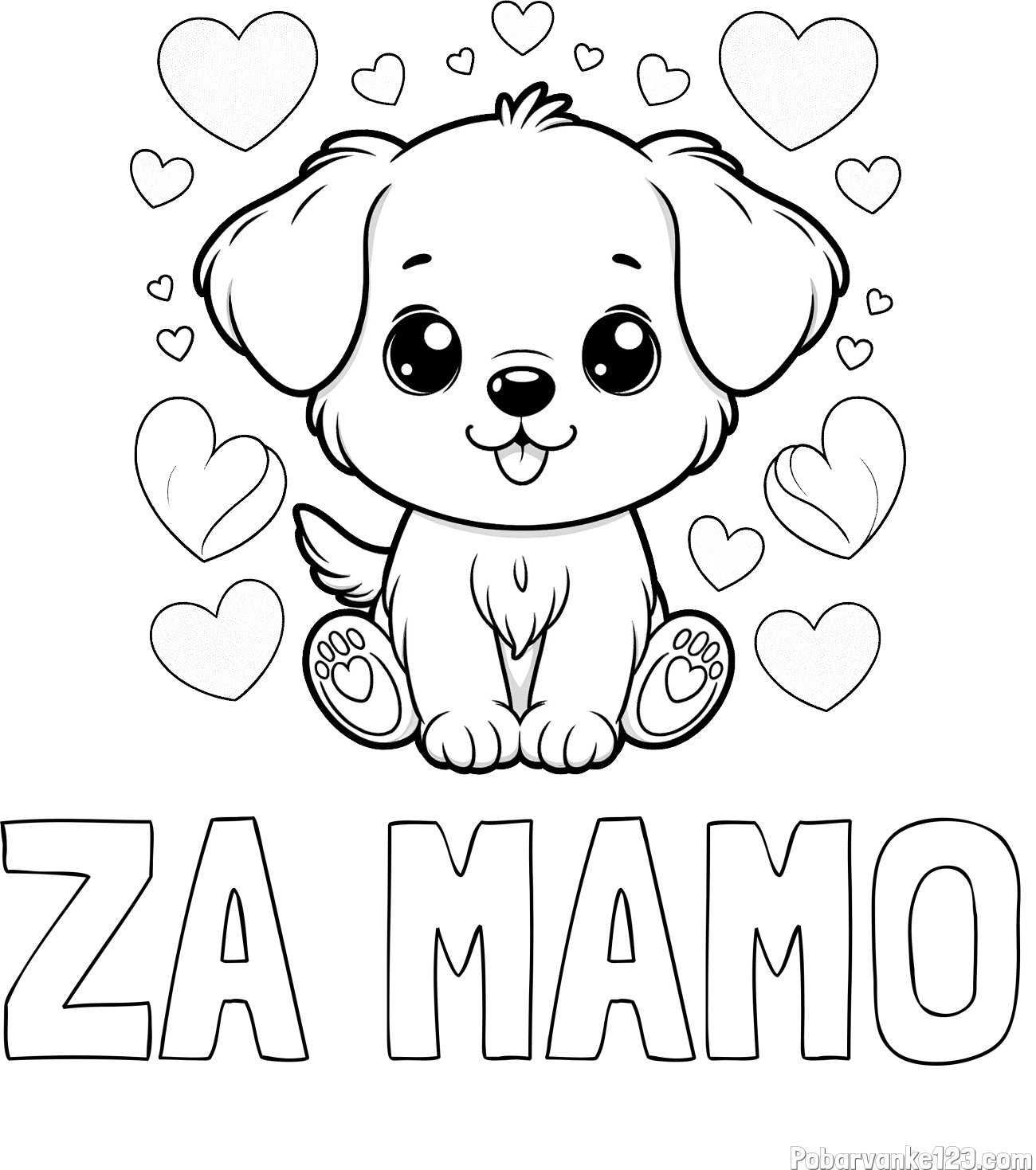 Pobarvanka imena ZA MAMO in pobarvanka ljubkega kužka obdanega s srčki