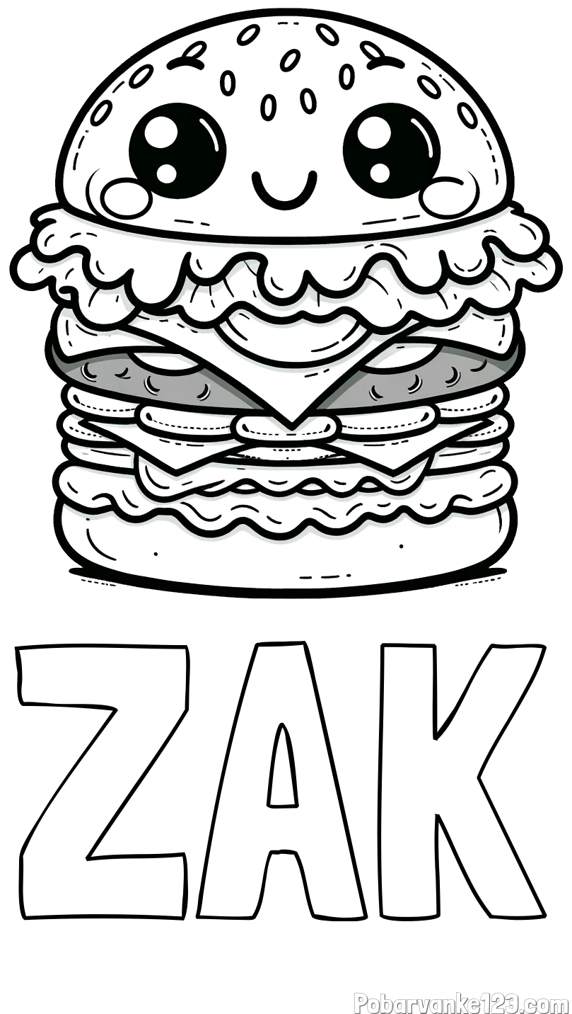 Pobarvanka imena ŽAK in otroška pobarvanka nasmejanega hamburgerja
