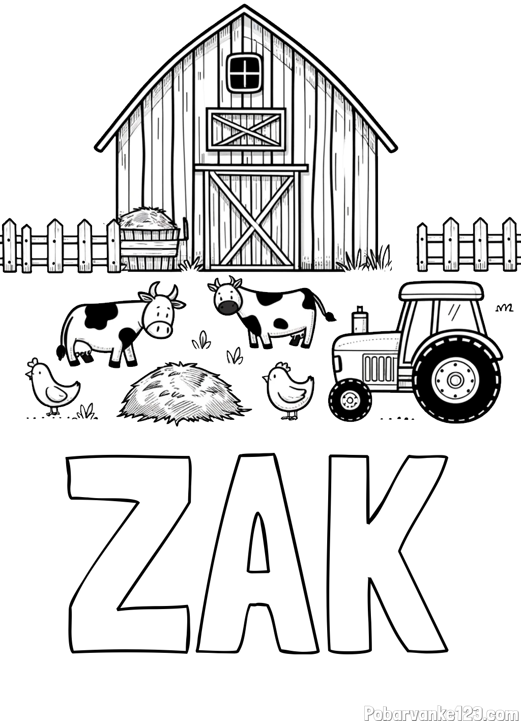 Pobarvanka imena ŽAK in otroška pobarvanka velikega senika, krav in traktorja