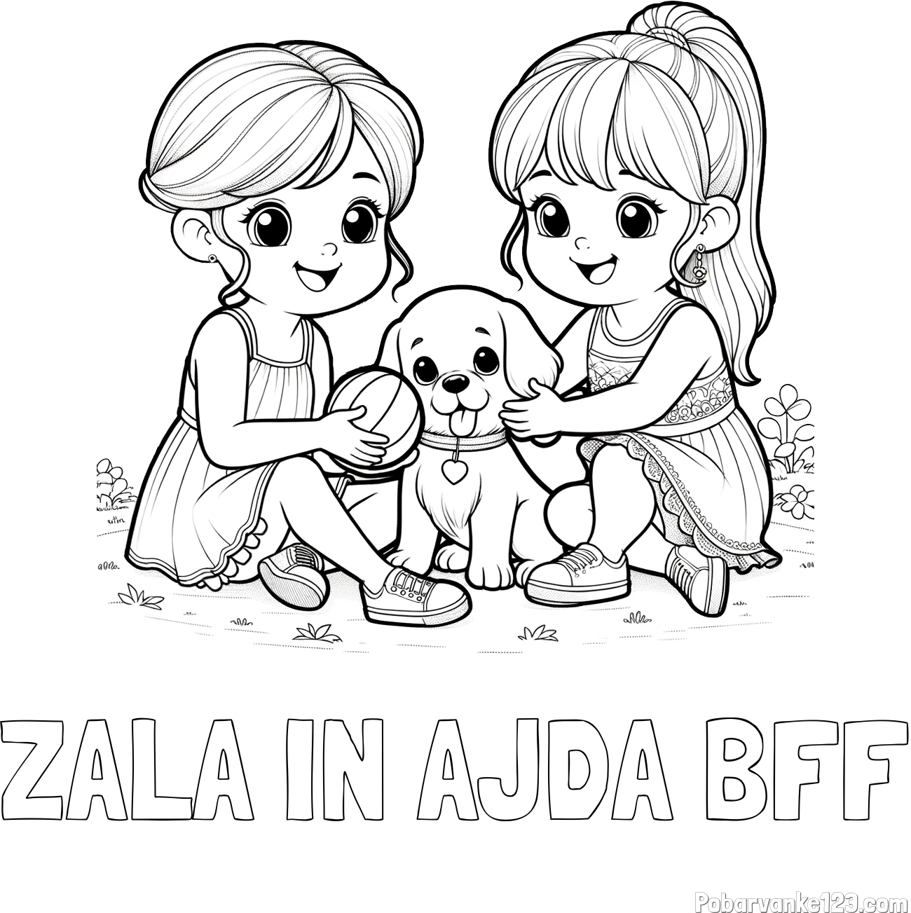 Pobarvanka imena ZALA IN AJDA BFF in pobarvanka prijateljic s kužkom