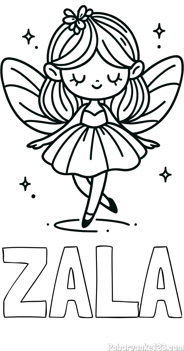 Pobarvanka imena ZALA in enostavna pobarvanka čarobne vile