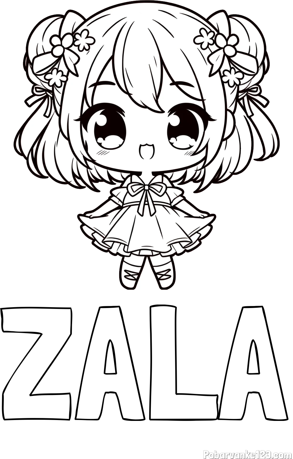 Pobarvanka imena ZALA in otroška pobarvanka punčke v japonskem anime slogu