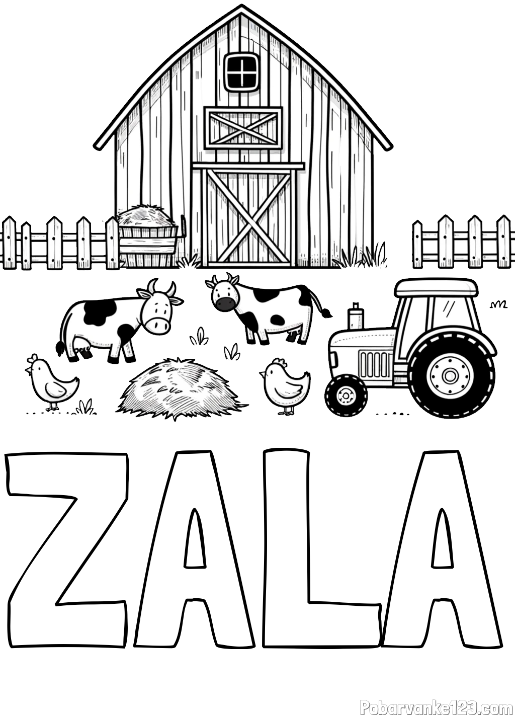 Pobarvanka imena ZALA in otroška pobarvanka velikega senika, krav in traktorja