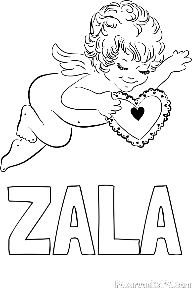 Pobarvanka imena ZALA in pobarvanka angela s srčkom