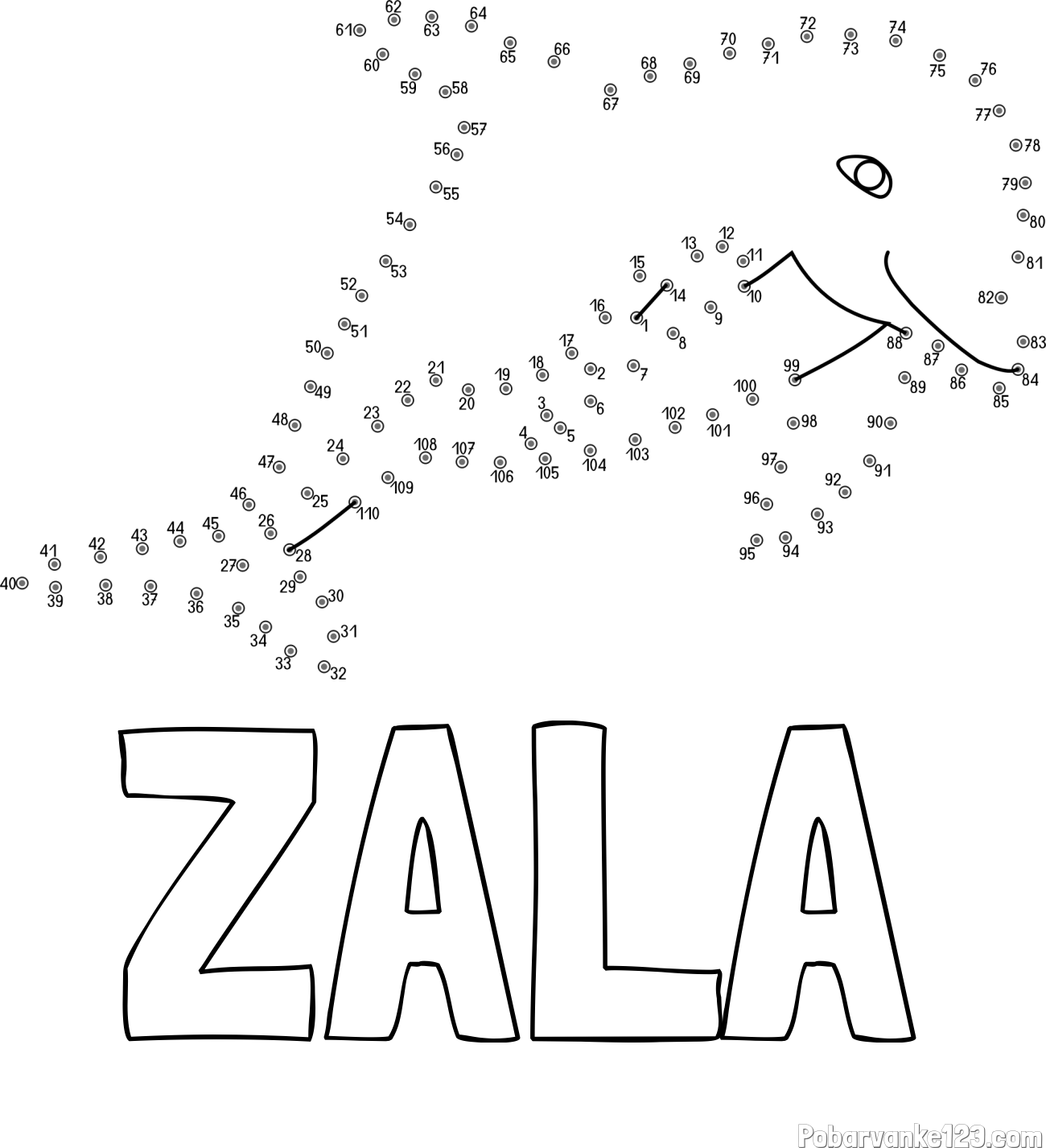 Pobarvanka imena ZALA in pobarvanka delfina - poveži številke