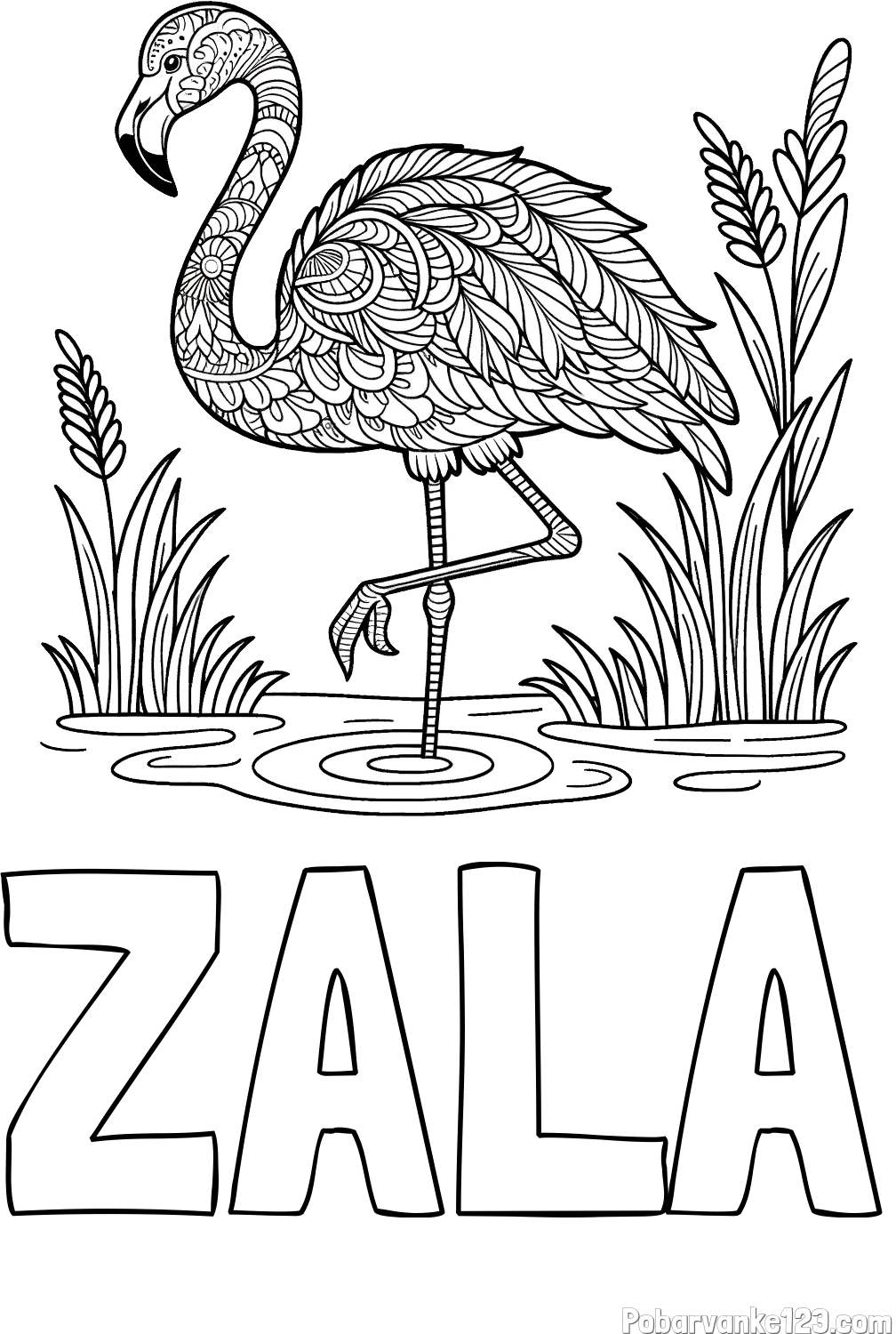 Pobarvanka imena ZALA in pobarvanka flaminga z abstraktnimi vzorci