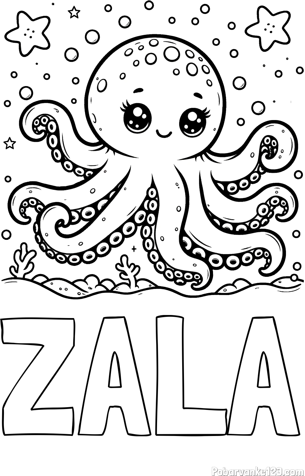 Pobarvanka imena ZALA in pobarvanka hobotnice v morju obdane z morskimi zvezdami
