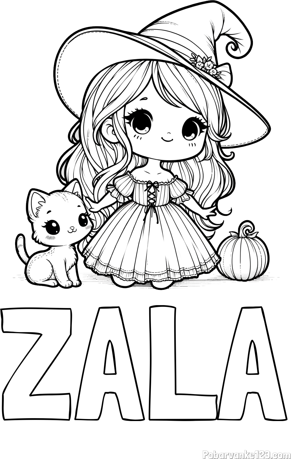 Pobarvanka imena ZALA in pobarvanka ljubke čarovnice, muce in buče