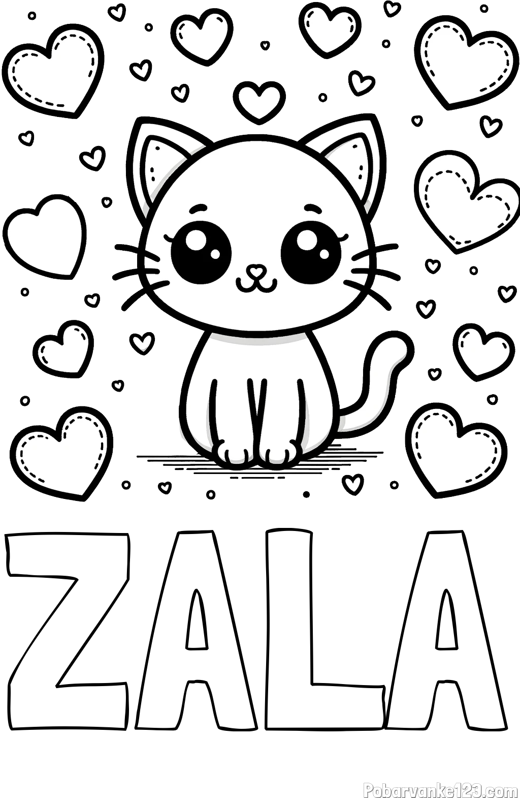 Pobarvanka imena ZALA in pobarvanka ljubke mucke obdane z veliko srčki