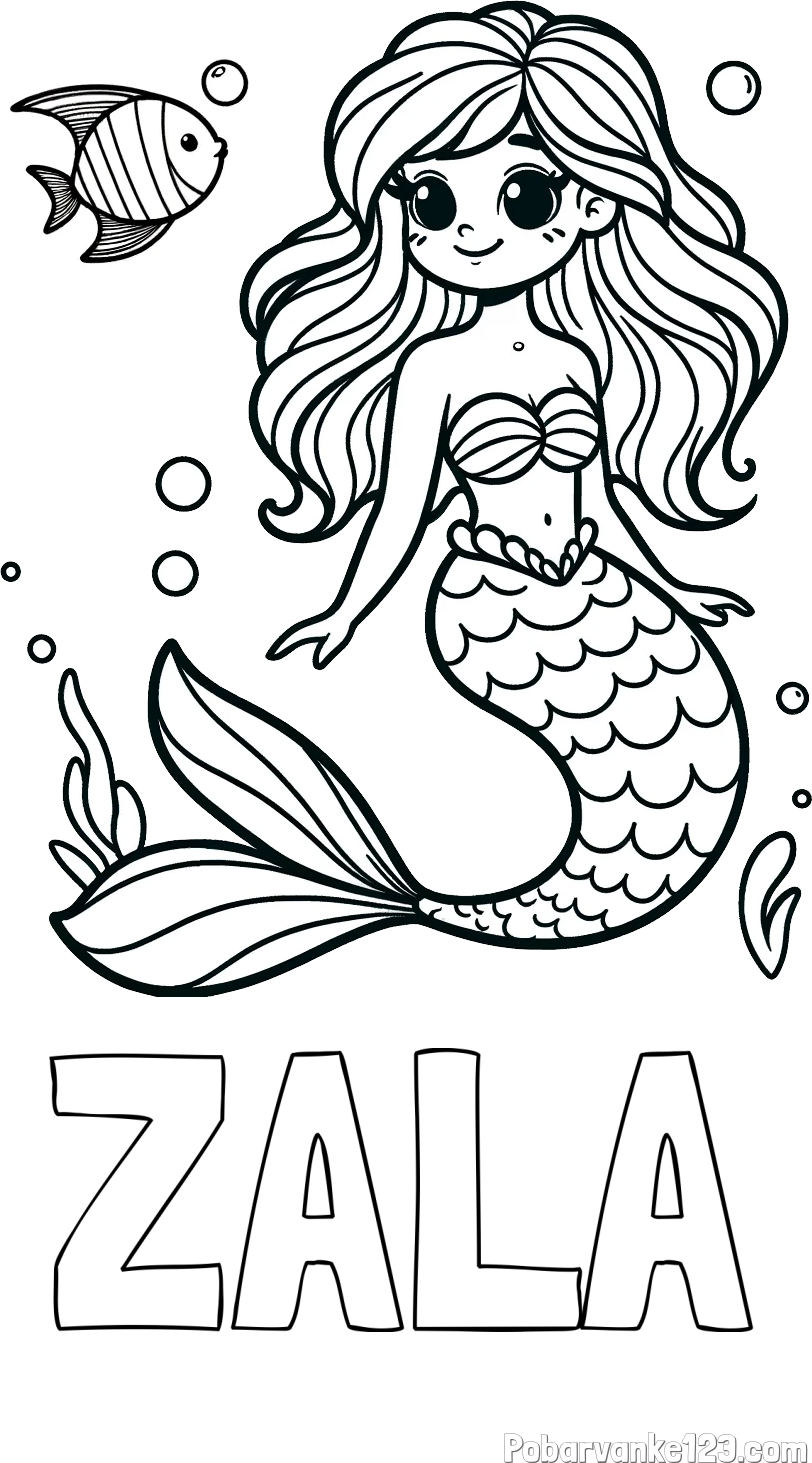 Pobarvanka imena ZALA in pobarvanka male morske deklice in ribice